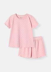 Đồ Bộ Ngắn Tay Bé Gái Thun Gân Hồng Chấm Bi