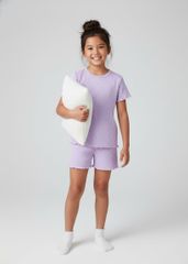 Đồ Bộ Ngắn Tay Bé Gái Thun Gân Tím Chấm Bi