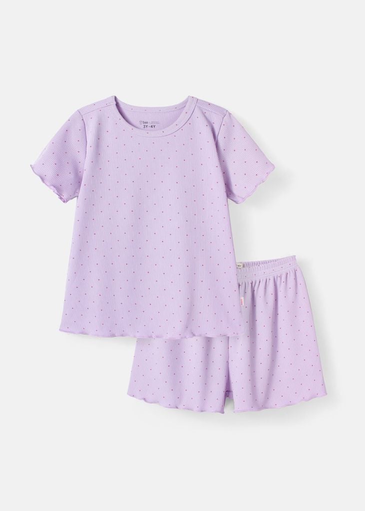 Đồ Bộ Ngắn Tay Bé Gái Thun Gân Tím Chấm Bi