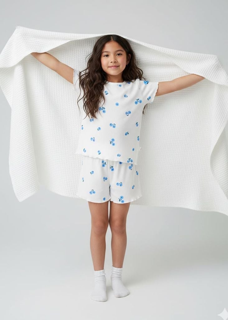 Đồ Bộ Ngắn Tay Bé Gái Thun Gân Trắng Blueberry