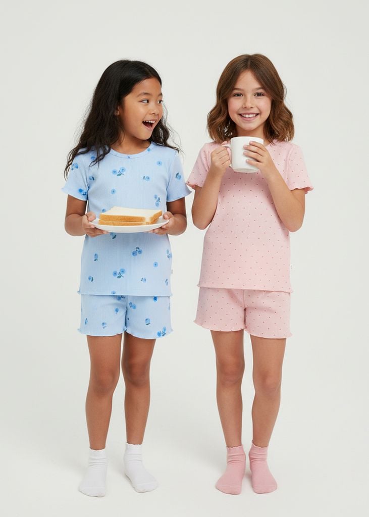 Đồ Bộ Ngắn Tay Bé Gái Thun Gân Xanh Blueberry