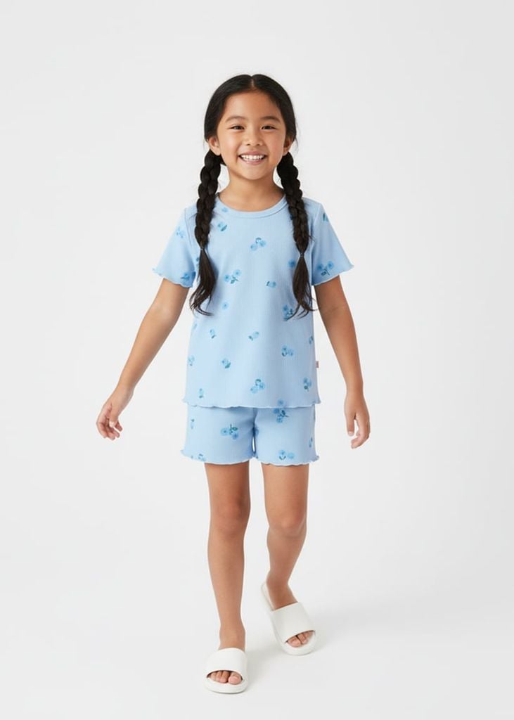 Đồ Bộ Ngắn Tay Bé Gái Thun Gân Xanh Blueberry