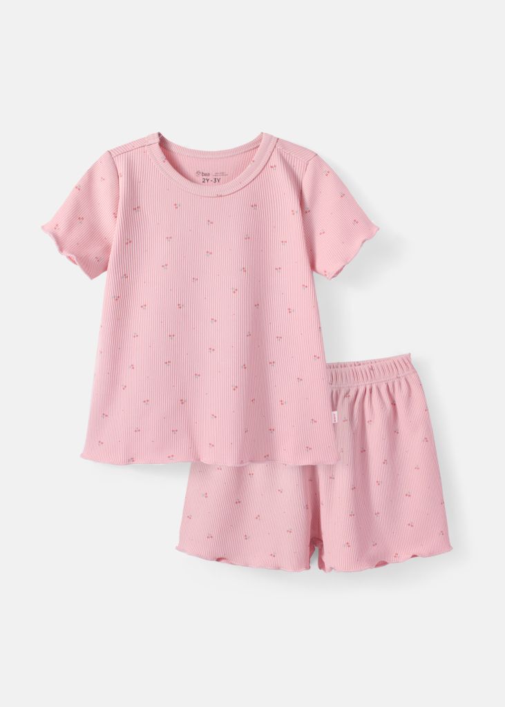 Đồ Bộ Ngắn Tay Bé Gái Thun Lạnh Gân Hồng Cherry