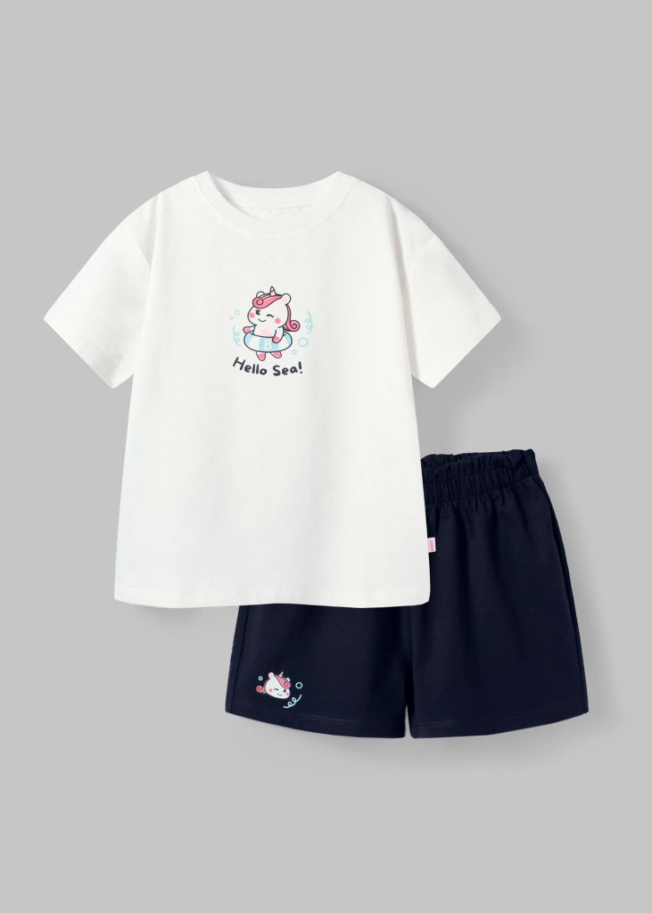 Đồ Bộ Ngắn Tay Bé Gái Trắng Phối Navy Unicorn