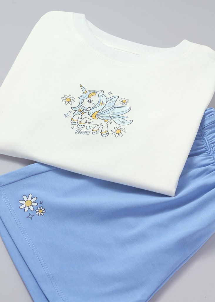 Đồ Bộ Ngắn Tay Bé Gái Trắng Unicorn Phối Xanh Nhạt