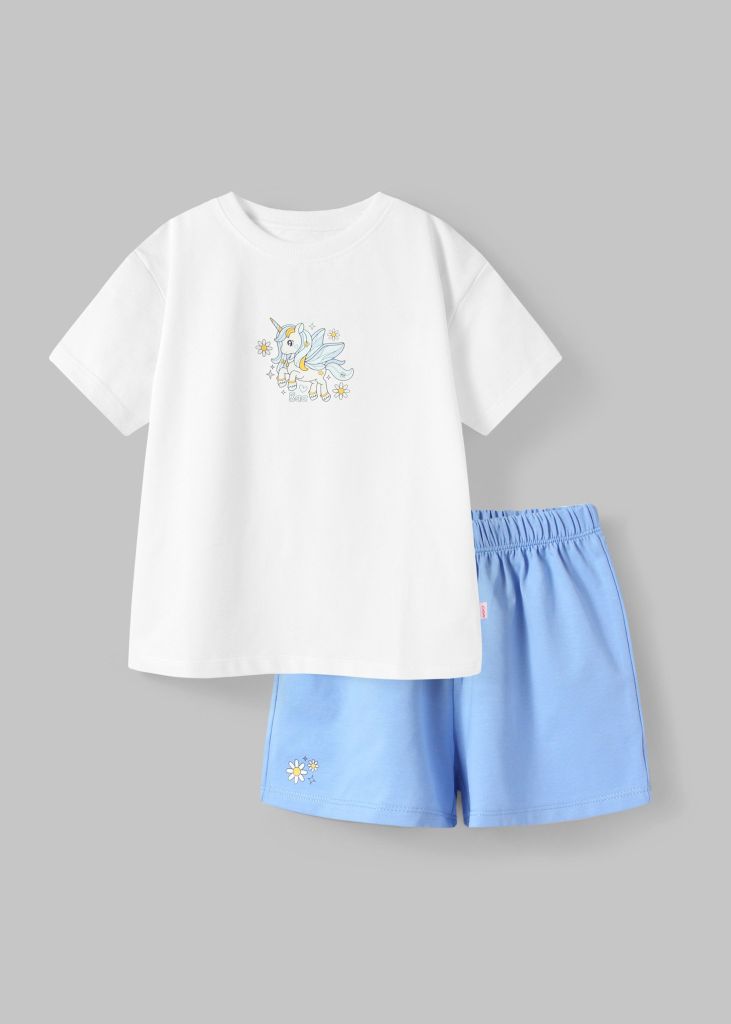 Đồ Bộ Ngắn Tay Bé Gái Trắng Unicorn Phối Xanh Nhạt