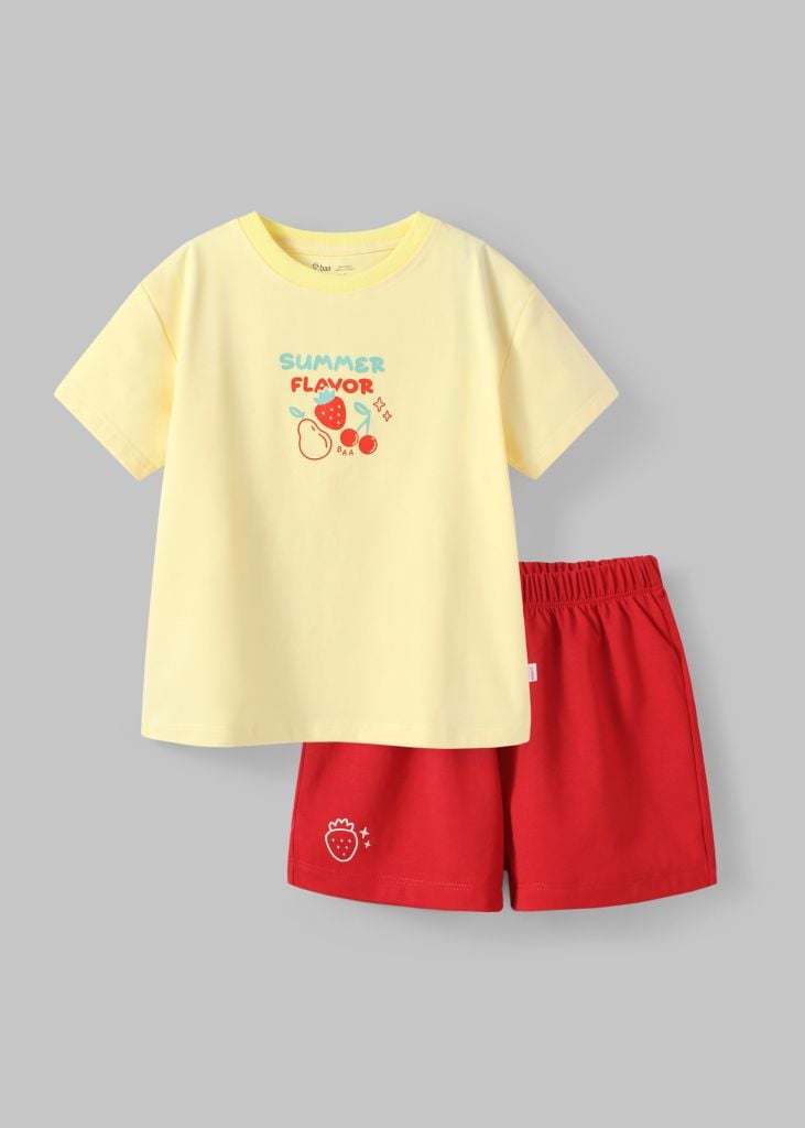 Đồ Bộ Ngắn Tay Bé Gái Vàng Nhạt Phối Đỏ Summer Flavor