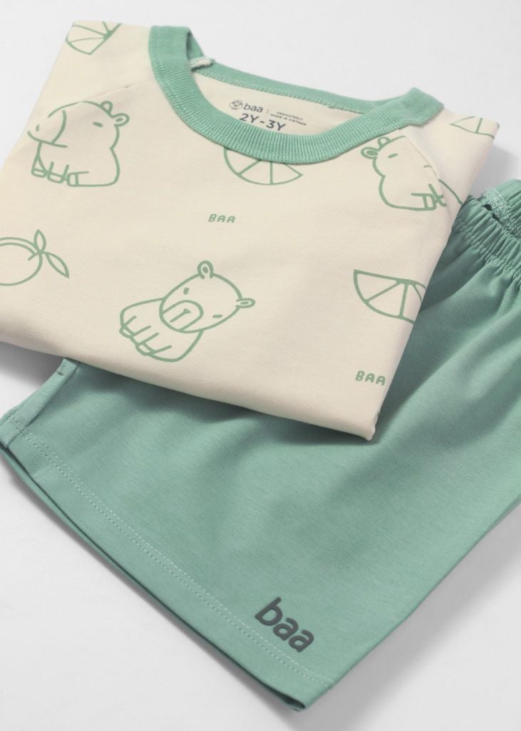 Đồ Bộ Ngắn Tay Bé Trai Be Hoạ Tiết Capybara Phối Xanh Lá