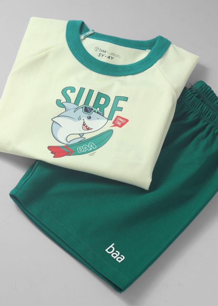 Đồ Bộ Ngắn Tay Bé Trai Kem Cá Mập Surfing Phối Xanh