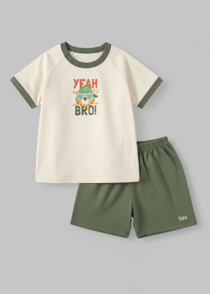 Đồ Bộ Ngắn Tay Bé Trai Kem Sư Tử Phối Xanh