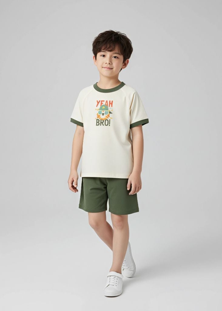 Đồ Bộ Ngắn Tay Bé Trai Kem Sư Tử Phối Xanh