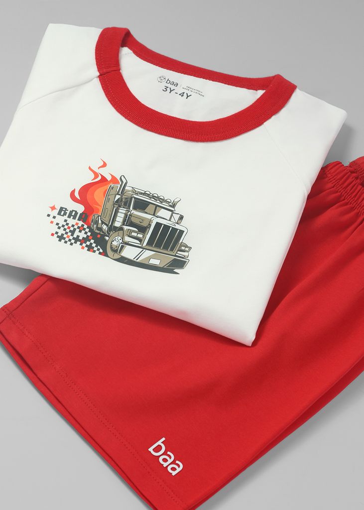 Đồ Bộ Ngắn Tay Bé Trai Trắng Xe Tải Phối Đỏ