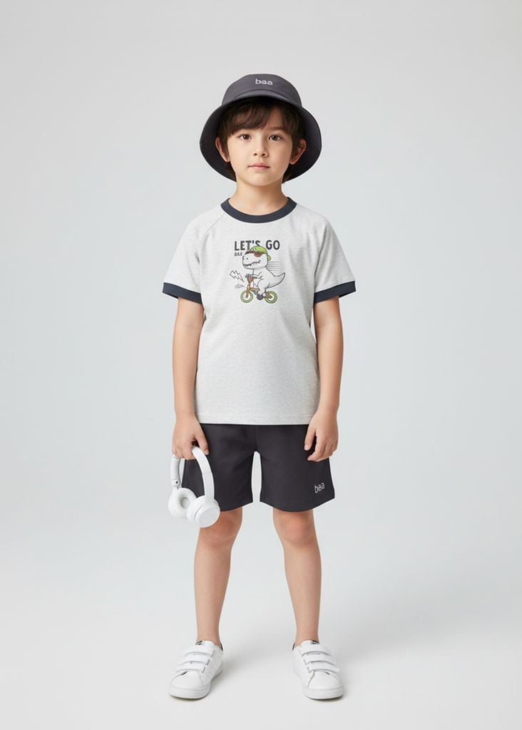 Đồ Bộ Ngắn Tay Bé Trai Xám Khủng Long Phối