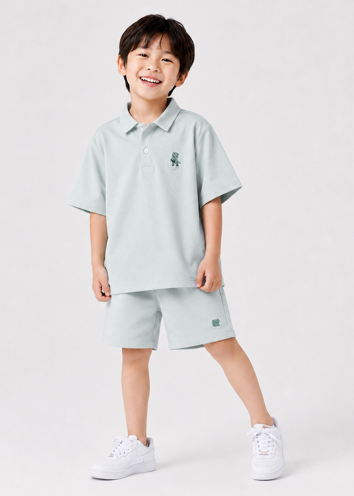 Set Polo Form Rộng Bé Trai Siêu Mát Ultra Cool Xám Nhạt Thêu Khủng Long
