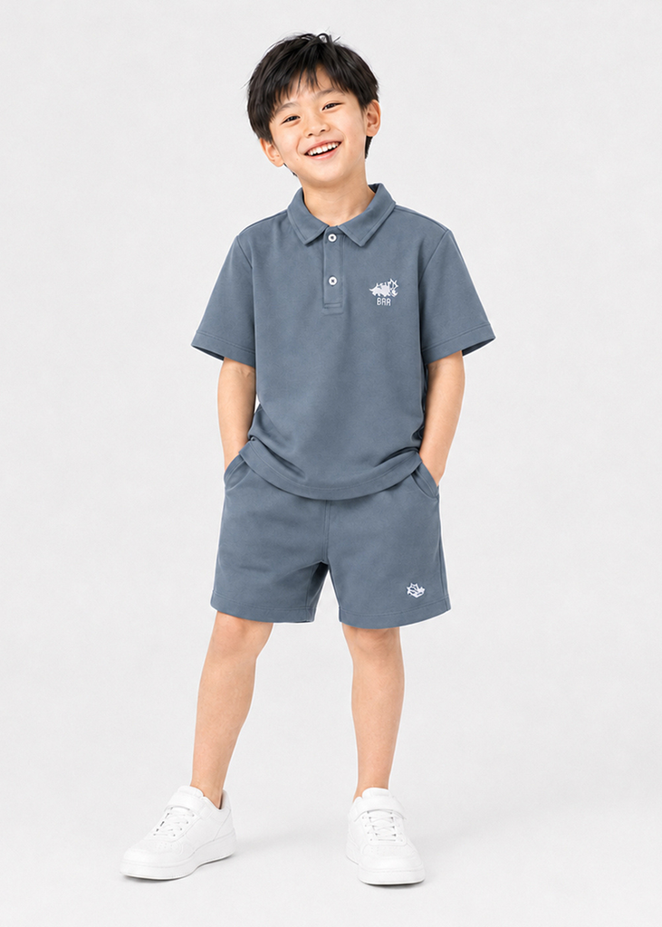 Set Polo Form Rộng Bé Trai Siêu Mát Ultra Cool Xanh Xám Thêu Khủng Long