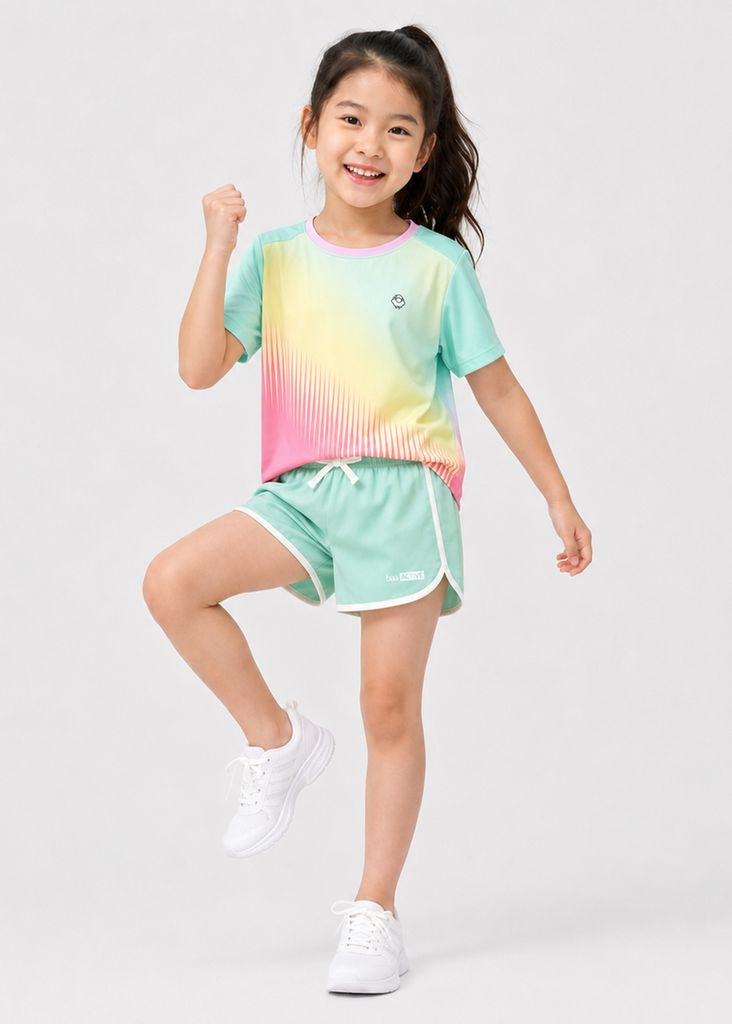 Set Thể Thao Cho Bé Siêu Nhẹ Ultra Light Họa Tiết (Hồng Vàng Fading Stripe + Quần Dù Xanh Mint)