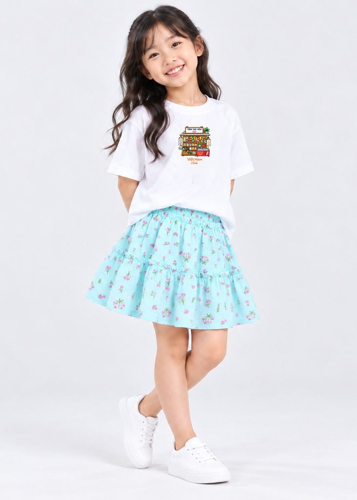 Bộ Áo Thun Form Rộng Cotton Mát Cool Jade Phối Chân Váy (Tiệm Tạp Hoá + Xanh Nhạt)