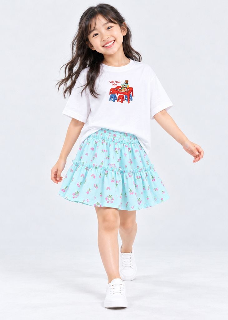 Bộ Áo Thun Form Rộng Cotton Mát Cool Jade Phối Chân Váy (Cơm Tấm + Xanh Nhạt)