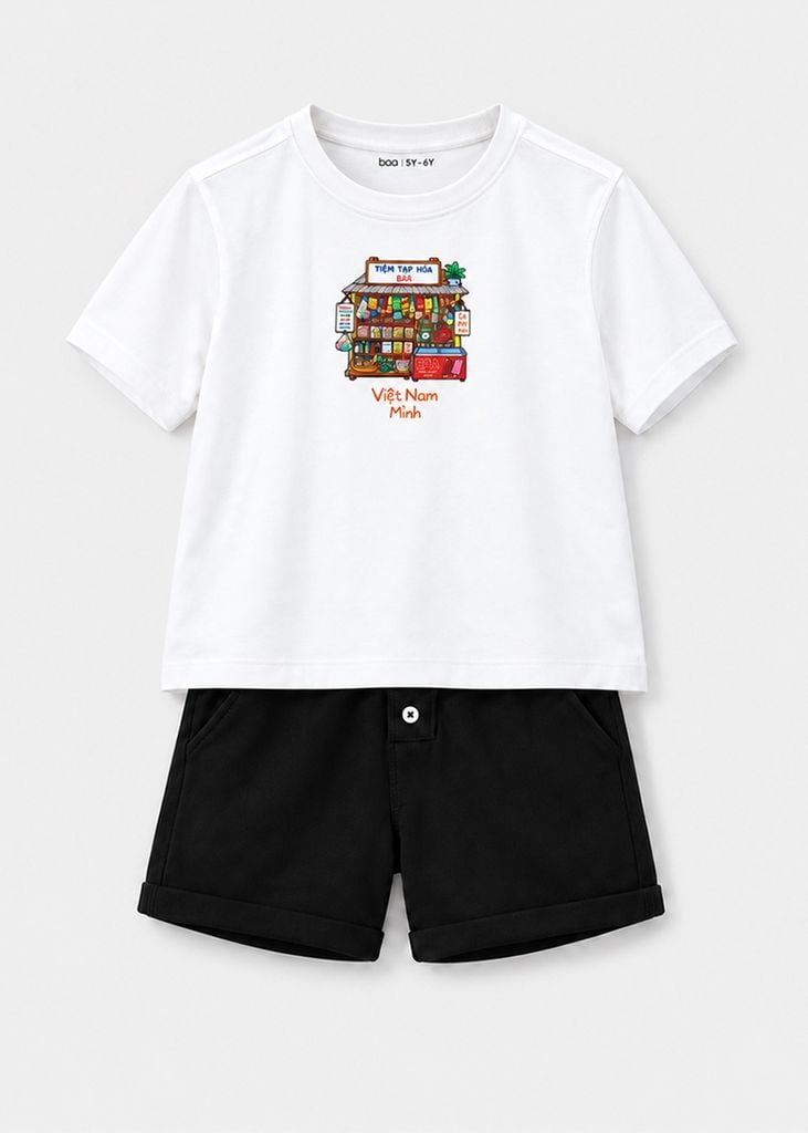 Bộ Áo Thun Form Rộng Cotton Mát Cool Jade Phối Quần Da Cá (Tiệm Tạp Hoá + Đen)