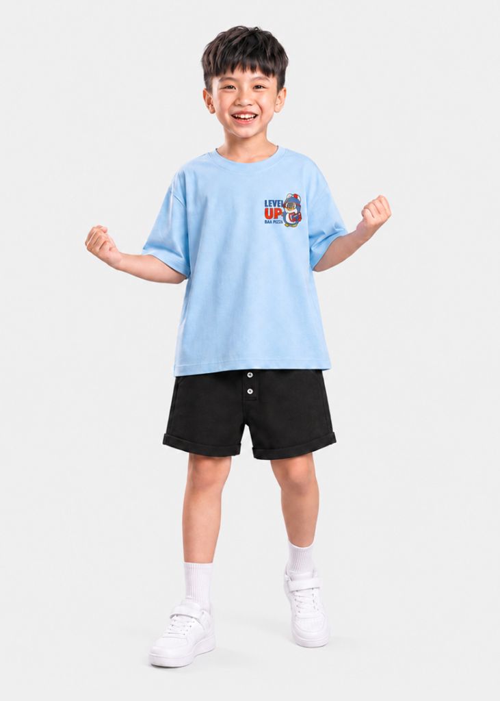Bộ Áo Thun Form Rộng Và Quần Short Da Cá Bé Trai (Xanh Nhạt Chim Cánh Cụt + Đen)