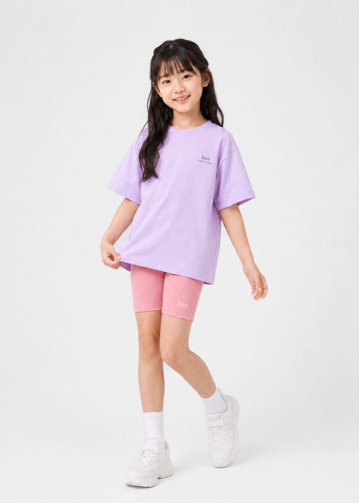 Bộ Áo Thun Form Rộng Và Quần Biker Bé Gái (Tím Nhạt 02 + Hồng Pastel)