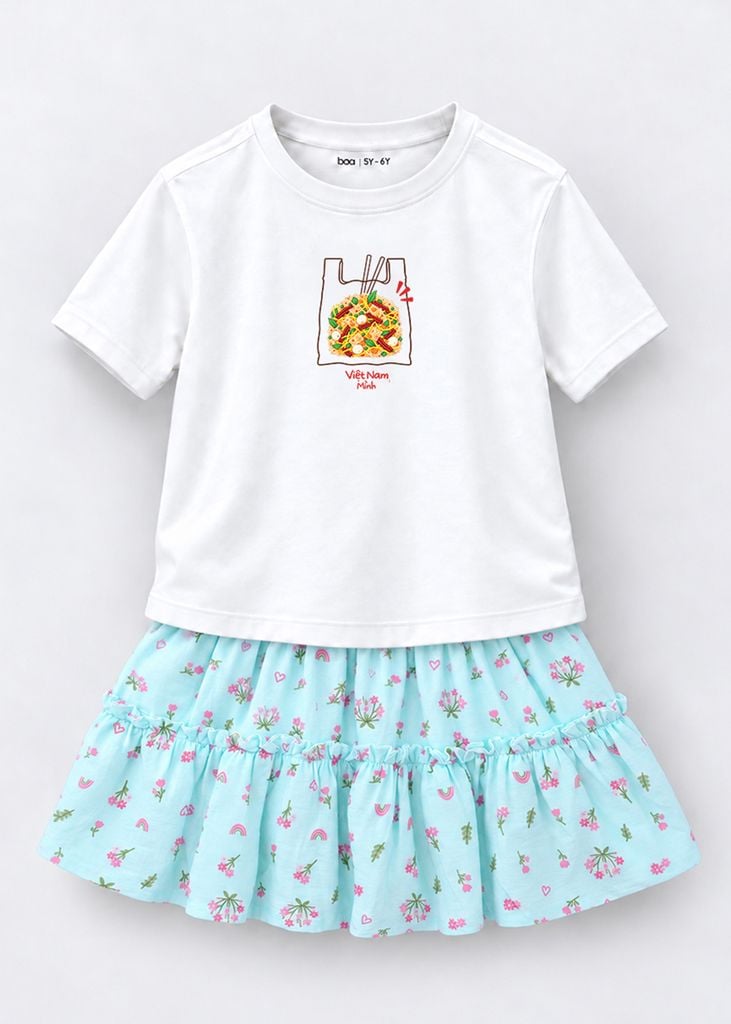 Bộ Áo Thun Form Rộng Cotton Mát Cool Jade Phối Chân Váy (Bánh Tráng Trộn + Xanh Nhạt)