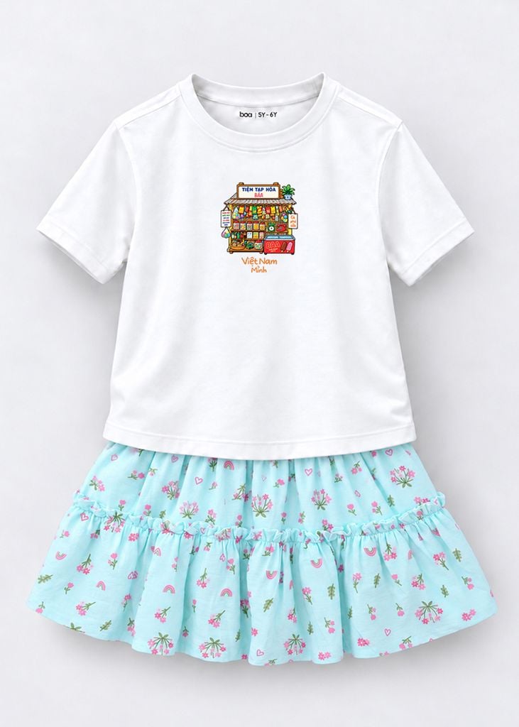 Bộ Áo Thun Form Rộng Cotton Mát Cool Jade Phối Chân Váy (Tiệm Tạp Hoá + Xanh Nhạt)