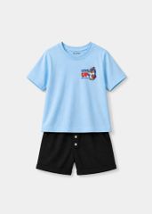 Bộ Áo Thun Form Rộng Và Quần Short Da Cá Bé Trai (Xanh Nhạt Chim Cánh Cụt + Đen)