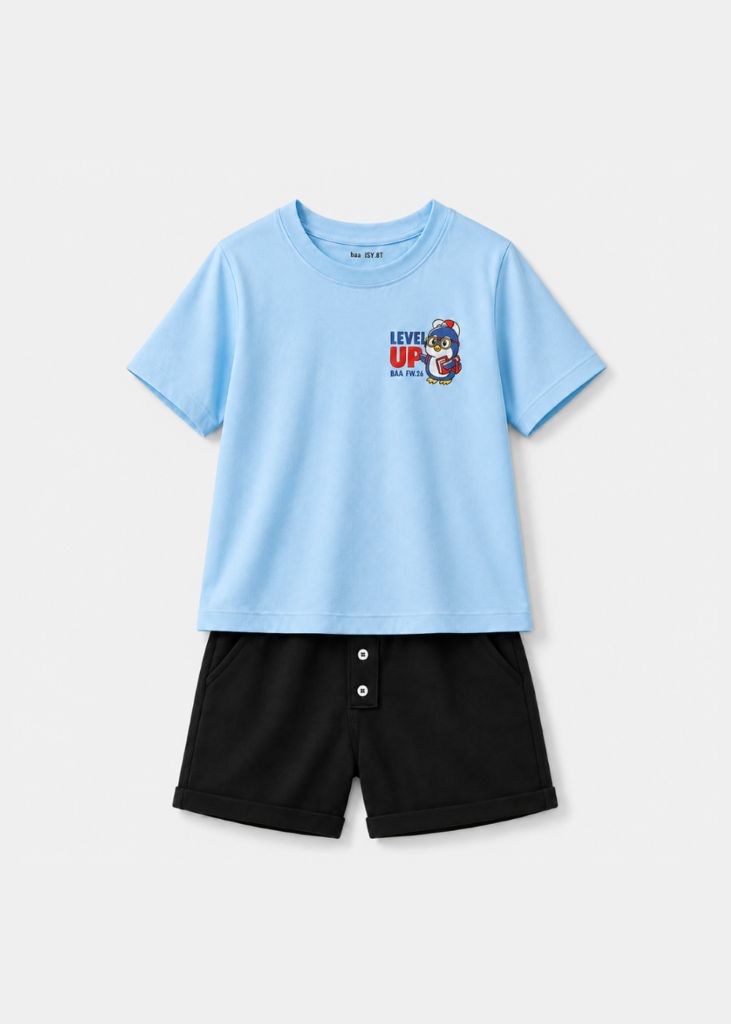 Bộ Áo Thun Form Rộng Và Quần Short Da Cá Bé Trai (Xanh Nhạt Chim Cánh Cụt + Đen)