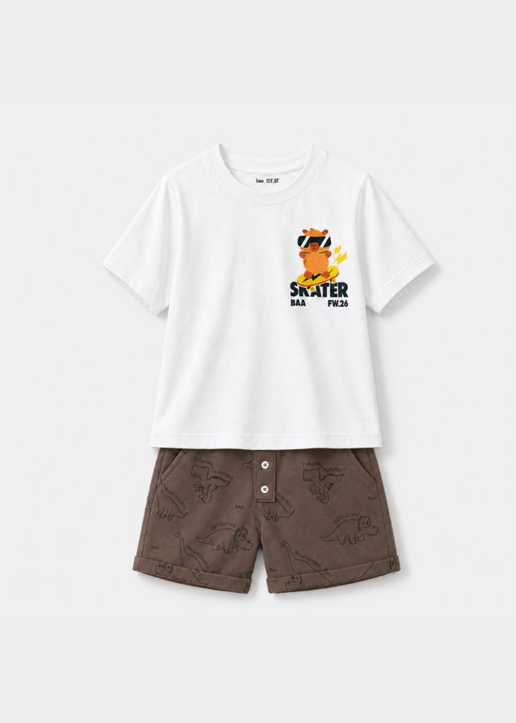 Bộ Áo Thun Form Rộng Và Quần Short Da Cá Bé Trai (Trắng Capybara Skater + Nâu Khủng Long)