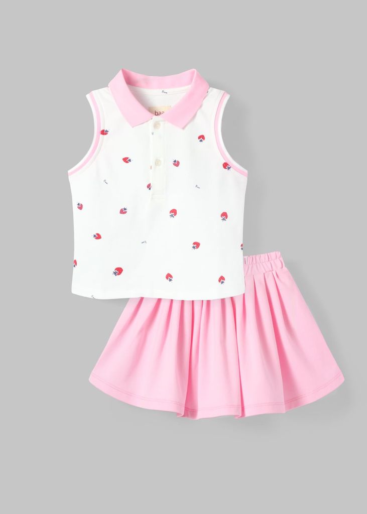 Set Polo Cộc Tay & Chân Váy Xếp Ly Bé Gái Trắng Hoạ Tiết Strawberry Phối Hồng