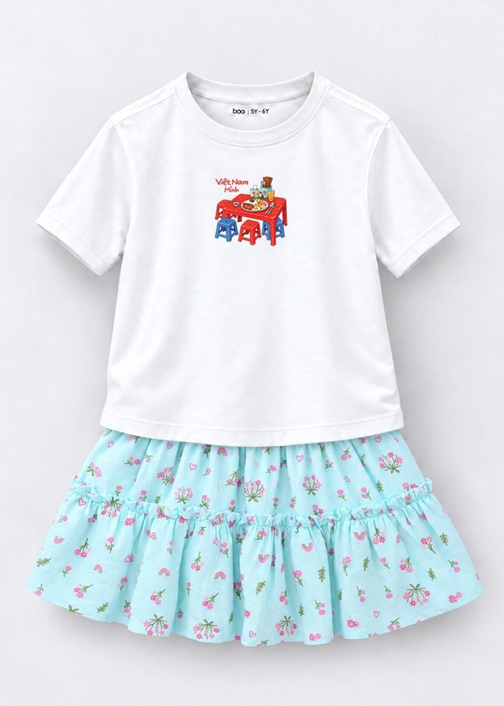 Bộ Áo Thun Form Rộng Cotton Mát Cool Jade Phối Chân Váy (Cơm Tấm + Xanh Nhạt)