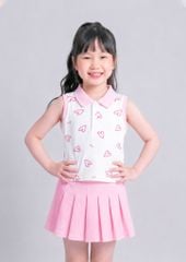 Set Polo Cộc Tay & Chân Váy Xếp Ly Bé Gái Trắng Hoạ Tiết Trái Tim Phối Hồng