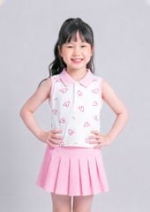 Set Polo Cộc Tay & Chân Váy Xếp Ly Bé Gái Trắng Hoạ Tiết Trái Tim Phối Hồng