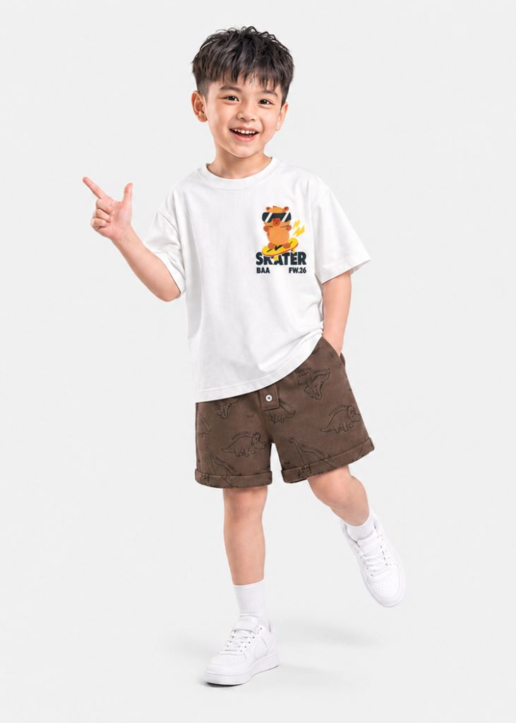 Bộ Áo Thun Form Rộng Và Quần Short Da Cá Bé Trai (Trắng Capybara Skater + Nâu Khủng Long)