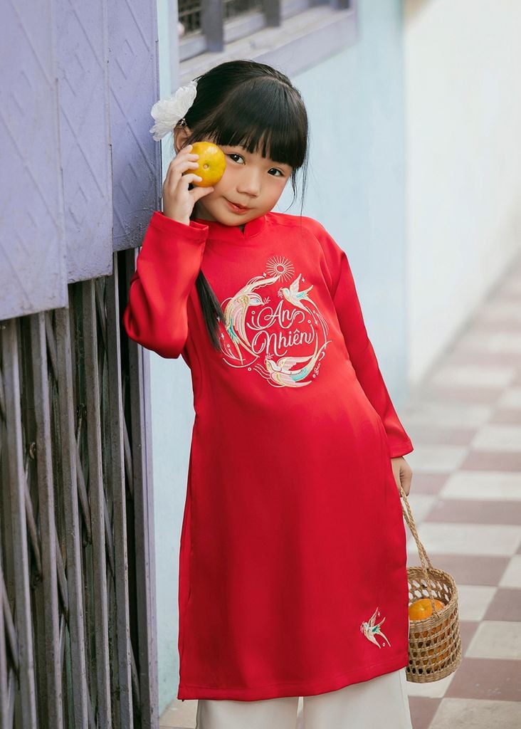 Set Áo Dài Thêu Cao Cấp Bé Gái Đỏ An Nhiên