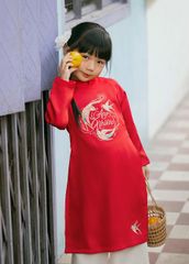 Set Áo Dài Thêu Cao Cấp Bé Gái Đỏ An Nhiên