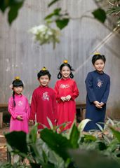 Set Áo Dài Thêu Cao Cấp Bé Gái Đỏ Hoa Xuân