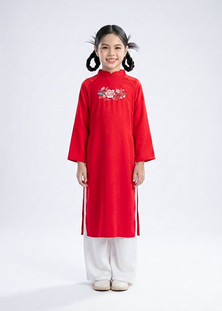 Set Áo Dài Thêu Cao Cấp Bé Gái Đỏ Hoa Xuân