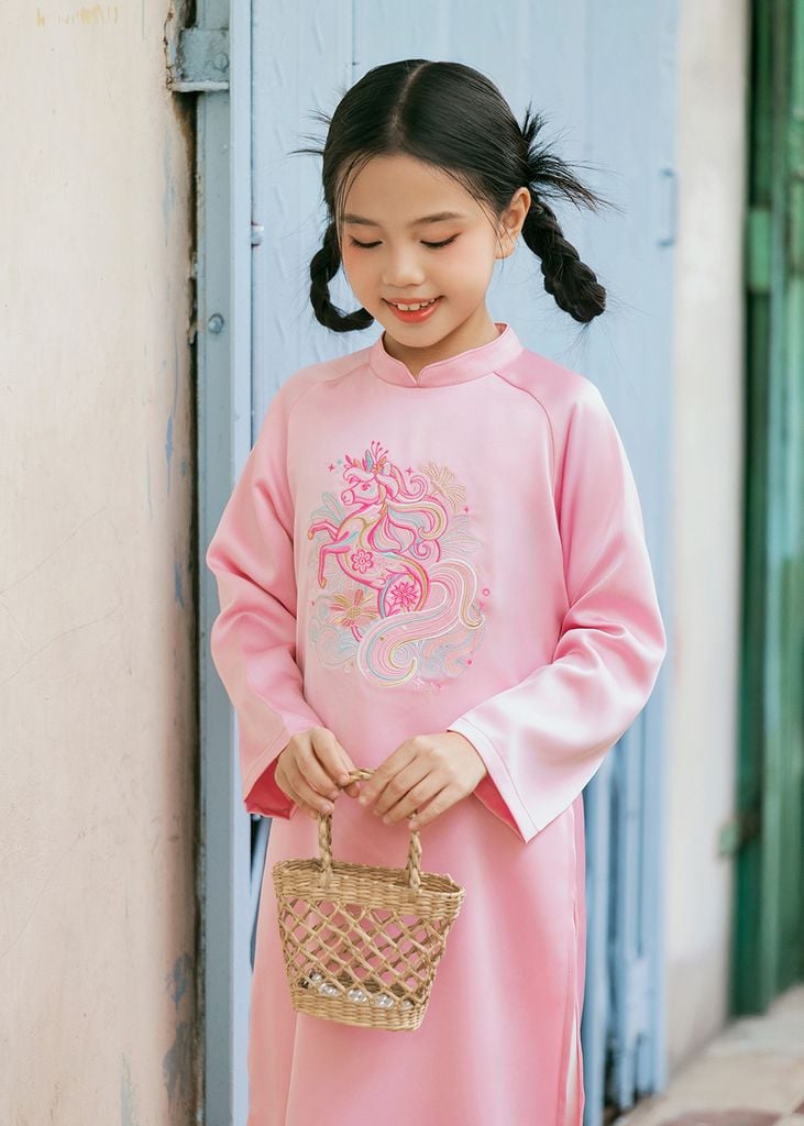 Set Áo Dài Thêu Cao Cấp Bé Gái Hồng Giấc Mơ Hoa