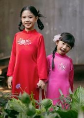 Set Áo Dài Thêu Cao Cấp Bé Gái Hồng Vườn Xuân