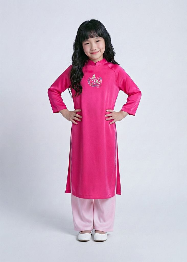 Set Áo Dài Thêu Cao Cấp Bé Gái Hồng Vườn Xuân