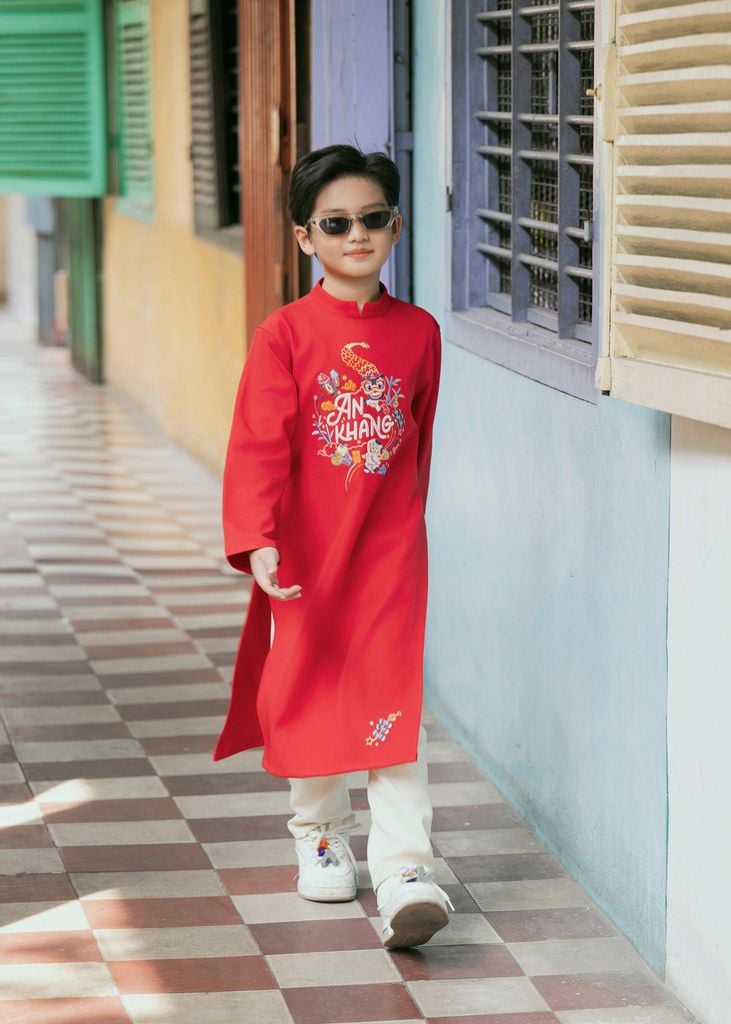 Set Áo Dài Thêu Cao Cấp Bé Trai Đỏ An Khang