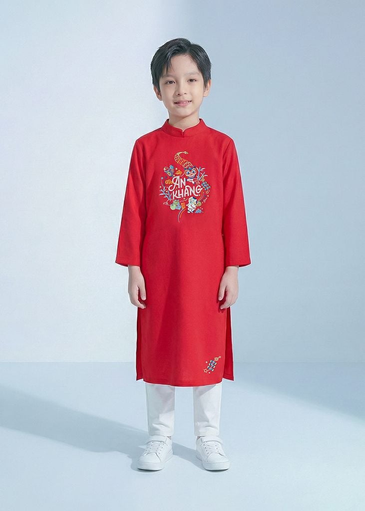 Set Áo Dài Thêu Cao Cấp Bé Trai Đỏ An Khang