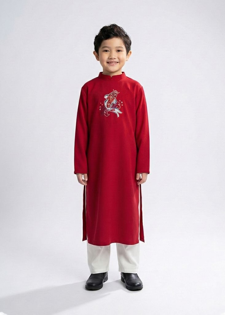 Set Áo Dài Thêu Cao Cấp Bé Trai Đỏ Cá Chép