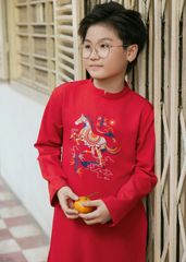 Set Áo Dài Thêu Cao Cấp Bé Trai Đỏ Thánh Gióng