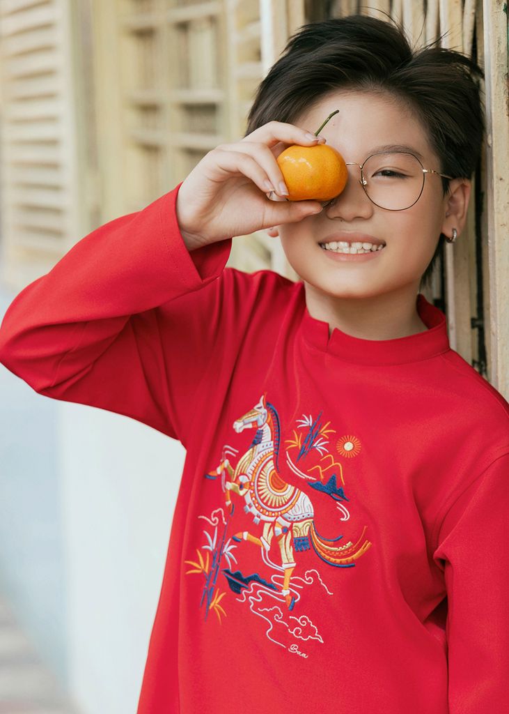 Set Áo Dài Thêu Cao Cấp Bé Trai Đỏ Thánh Gióng