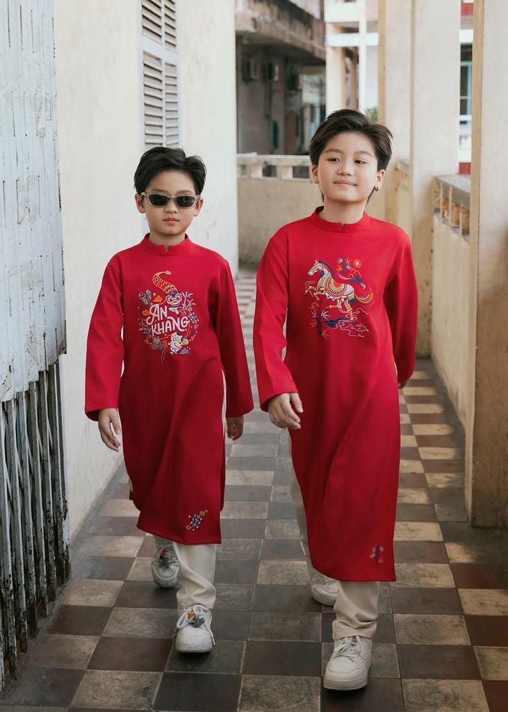 Set Áo Dài Thêu Cao Cấp Bé Trai Đỏ Thánh Gióng
