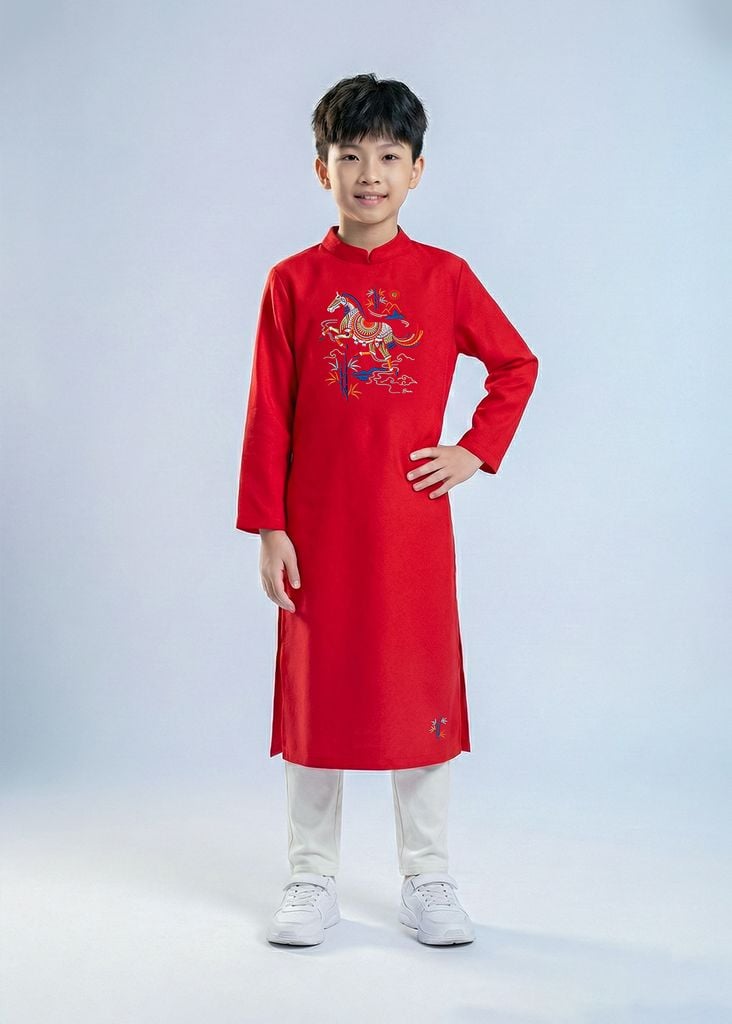 Set Áo Dài Thêu Cao Cấp Bé Trai Đỏ Thánh Gióng