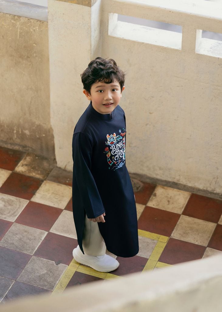 Set Áo Dài Thêu Cao Cấp Bé Trai Xanh Bình An